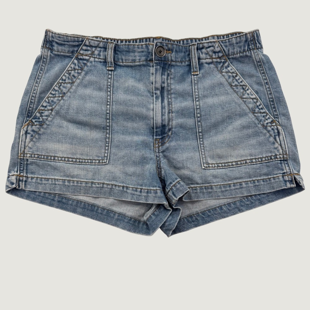 Aerie Denim Utility Shorts Women's Large Blue Elastic Back Waist Patch Pockets